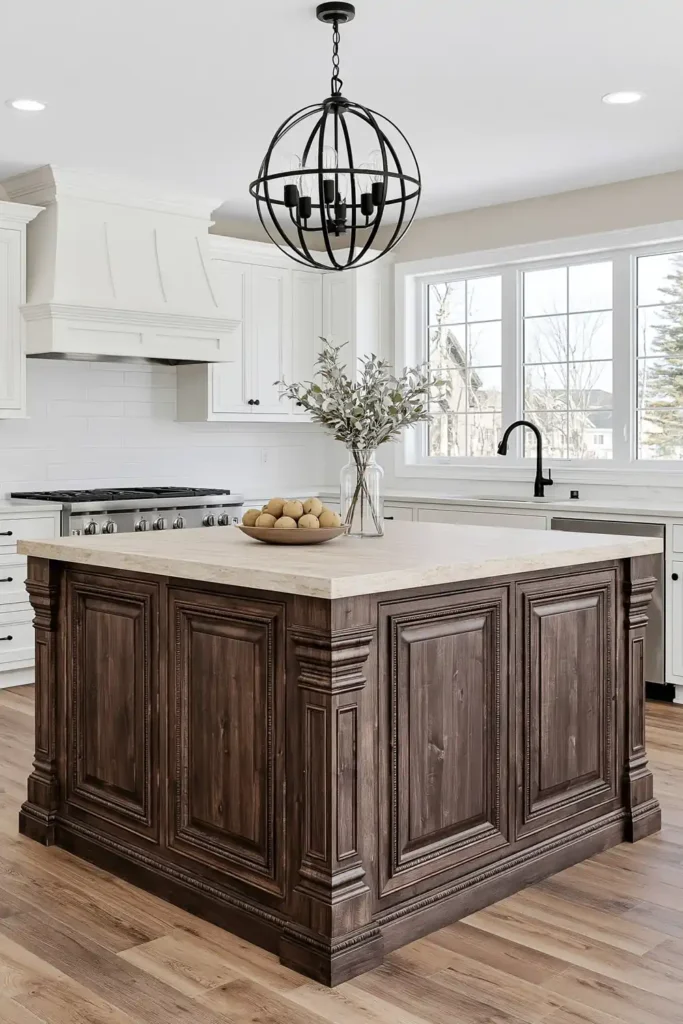 18 Kitchen Island Decor Ideas for Every Layout 15 Custom dark wood kitchen island with carved trim, turned posts, pale stone countertop, globe chandelier, and white cabinetry.