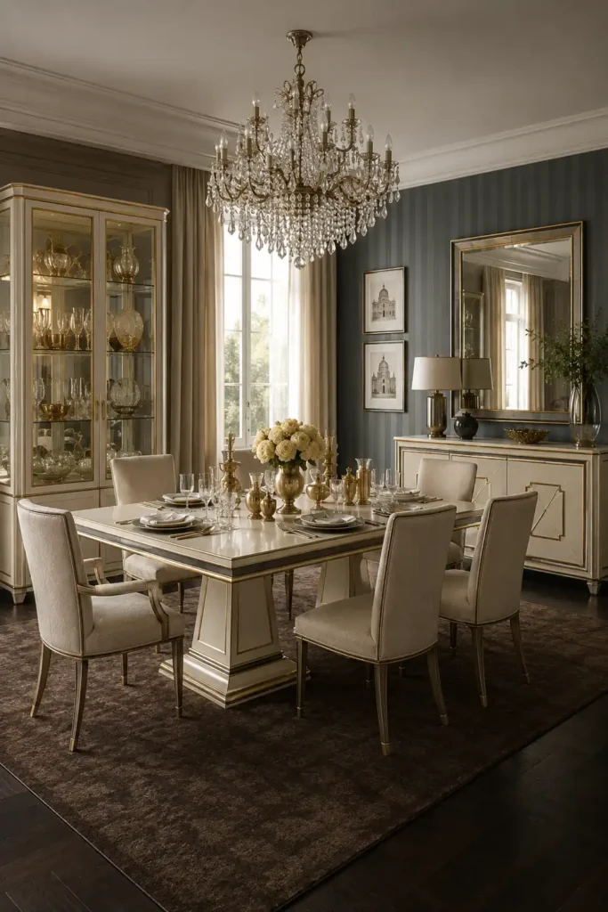 4 Elegant Dining Room Colour Ideas for a Stylish, Attractive Space 5 Dark blue-grey and gold dining room with upholstered chairs, a crystal chandelier, a glass display cabinet, and metallic furniture details.