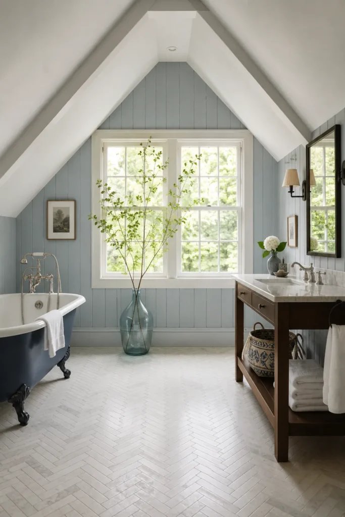 30 Modern Farmhouse Bathroom Decor Ideas for a Warm, Updated Space 15 Airy attic farmhouse bathroom with a dark navy clawfoot tub, tall leafy branches, blue-gray paneling, and herringbone tile.