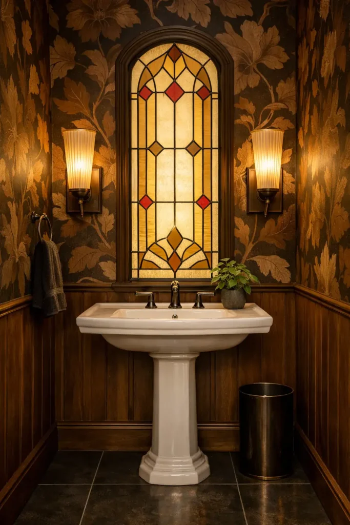 30 Modern Farmhouse Bathroom Decor Ideas for a Warm, Updated Space 13 Atmospheric farmhouse powder room with dark floral wallpaper, a white pedestal sink, stained-glass window, and wood floor.
