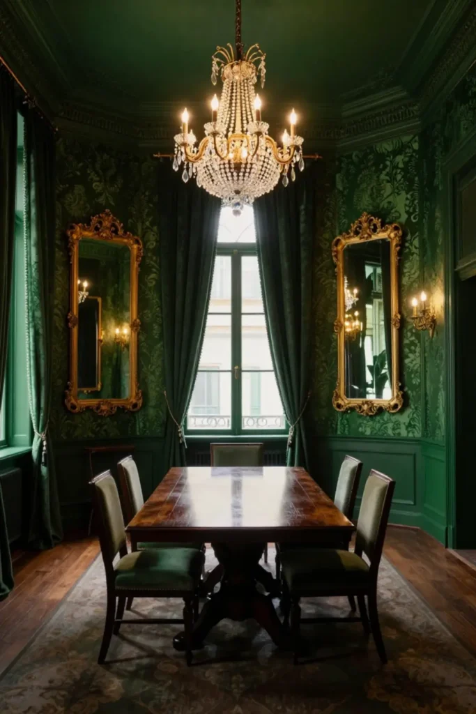 4 Elegant Dining Room Colour Ideas for a Stylish, Attractive Space 4 Dark green dining room with matching curtains, reflective mirrors, coordinated decor, and focused accent lighting.