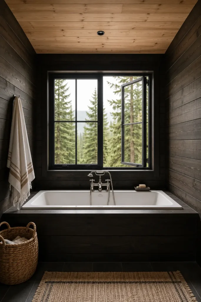 30 Modern Farmhouse Bathroom Decor Ideas for a Warm, Updated Space 29 Dark farmhouse bathroom with a built-in white tub, black wood surround, pale wood ceiling, and framed evergreen view.