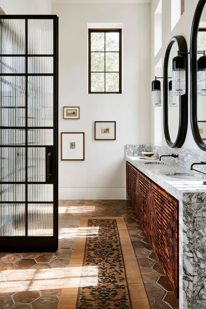 30 Modern Farmhouse Bathroom Decor Ideas for a Warm, Updated Space 27 Refined farmhouse bathroom with a patterned dark wood vanity, marble countertop, fluted-glass partition, and hexagonal floor tile.
