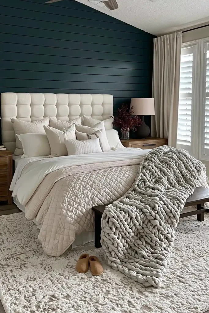 Modern Farmhouse Bedroom Ideas for a Warm, Relaxed Retreat 2 Modern farmhouse bedroom with a deep teal shiplap accent wall, cream tufted headboard, neutral bedding, and dark wood bench.