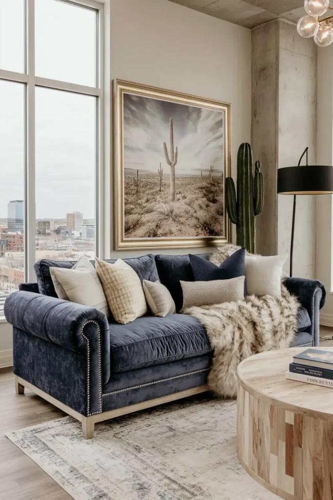 23 Living Room Wall Decor Ideas Above the Couch for a Stylish Sofa Wall 11 Deep blue velvet sofa with a large desert landscape print above it