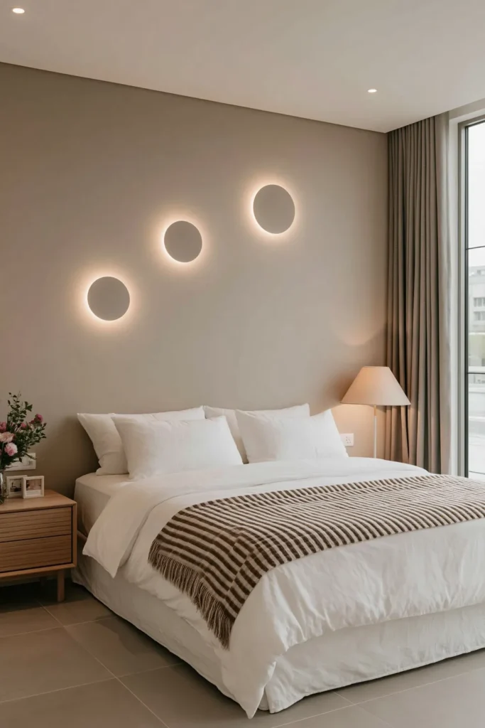 24 Bedroom Lighting Ideas for a Comfortable and Stylish Space 3 Taupe bedroom with three circular dimmable wall lights creating warm halos above a white bed.