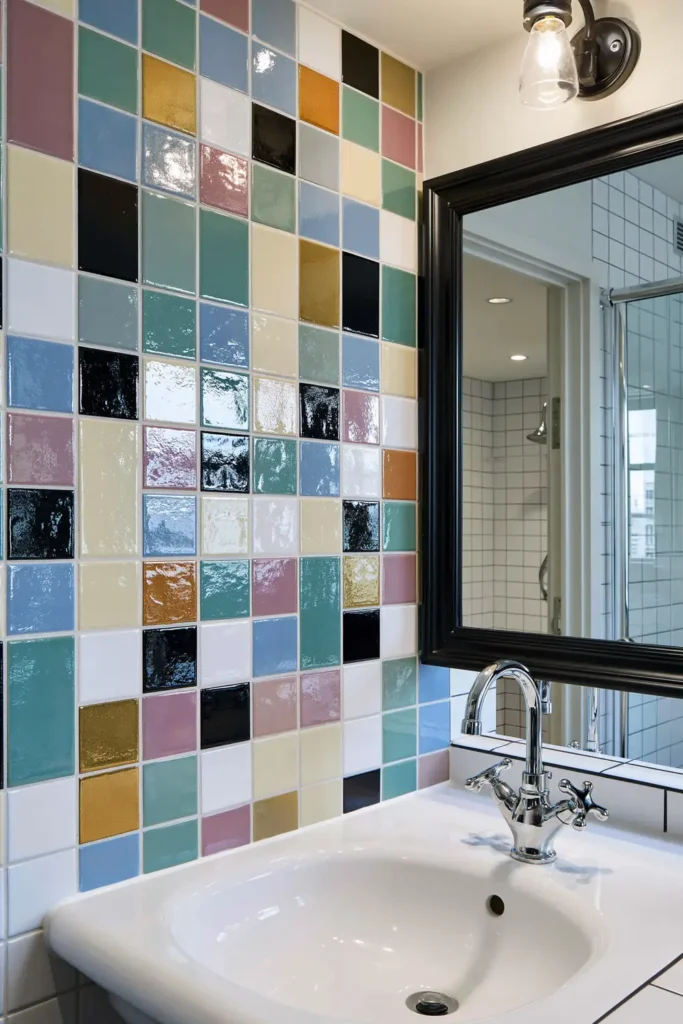 Bathroom Color Schemes That Never Go Out of Style 7 Double complementary bathroom color scheme with glossy red, blue, teal, cream, black, orange, and white tile around a vanity