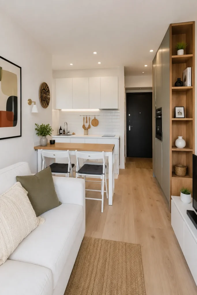 Small Dining Room Ideas for Apartments That Make Every Corner Count 5 Small apartment dining counter used in an open-plan kitchen and living area with white stools, pale wood flooring, and modern white cabinets.