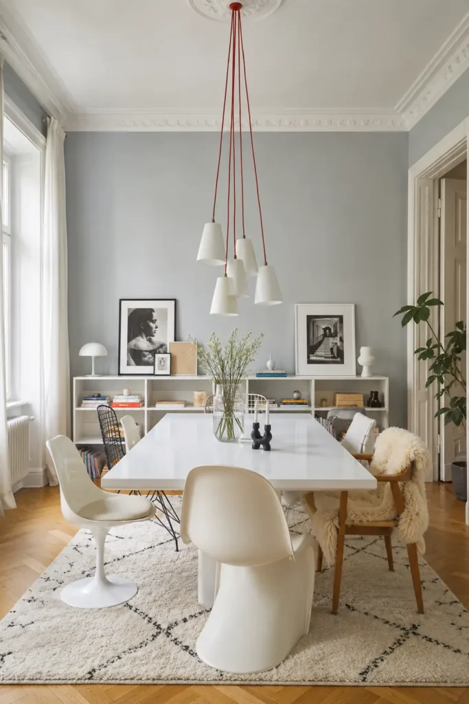 Dining Room Lighting Ideas to Create the Perfect Mood 8 Eclectic dining area with six white pendant shades hanging from red wires above a white table and mismatched chairs.