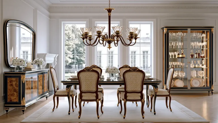 4 Elegant Dining Room Colour Ideas for a Stylish, Attractive Space 3 Elegant formal dining room with a dark wood table, carved upholstered chairs, ornate chandelier, decorative sideboard, mirror, and glass display cabinet.