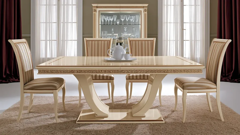 4 Elegant Dining Room Colour Ideas for a Stylish, Attractive Space 6 Elegant ivory and gold dining room with striped chairs, a glass display cabinet, sheer curtains, and a porcelain table service.
dining room colour ideas