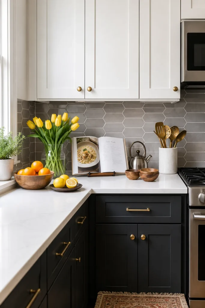 Elongated gray hexagon backsplash with charcoal cabinets, yellow tulips, and citrus accents.
