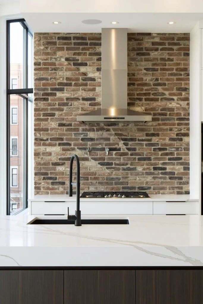 Floor-to-ceiling exposed red brick backsplash behind a stainless range in a modern kitchen.