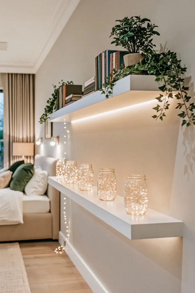 24 Bedroom Lighting Ideas for a Comfortable and Stylish Space 7 Clear mason jars filled with warm fairy lights arranged on white bedroom shelves.