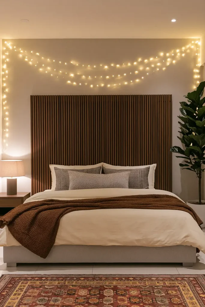 24 Bedroom Lighting Ideas for a Comfortable and Stylish Space 24 Warm fairy lights draped above a slatted wooden headboard with cream bedding and a colorful rug.