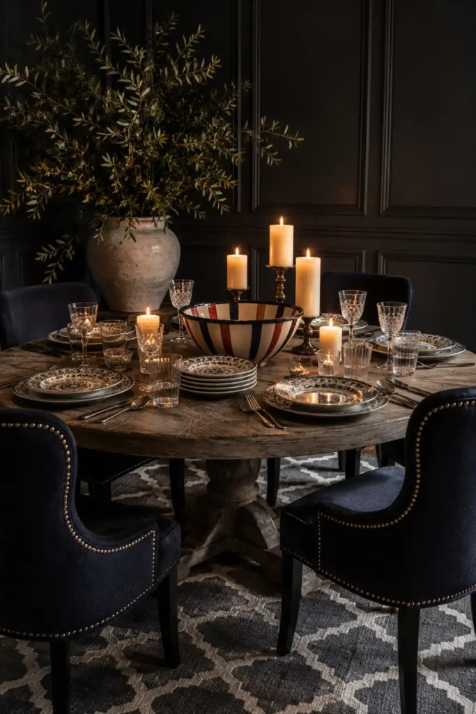 How to Style a Dining Table When Not in Use: 6 Decorative Ideas 4 Weathered round dining table with patterned dishes, striped serveware, clear glasses, candles, navy chairs, and a leafy arrangement.