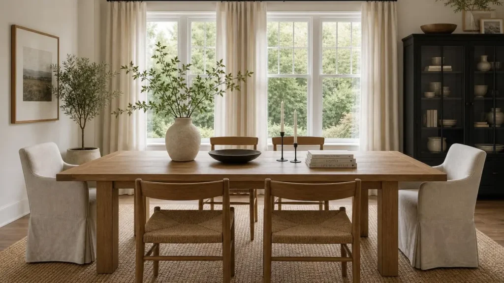 How to Style a Dining Table When Not in Use: 6 Decorative Ideas 8 Calm dining table styled with a pale vase, green branches, a shallow bowl, candlesticks, and neutral books with plenty of open space.
How to Style a Dining Table When Not in Use