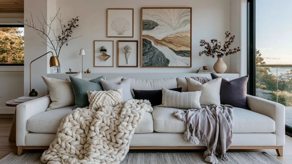 23 Living Room Wall Decor Ideas Above the Couch for a Stylish Sofa Wall 25 living room wall decor ideas above couch
Neutral sofa with layered pillows and framed wall decor above the couch in a calm living room