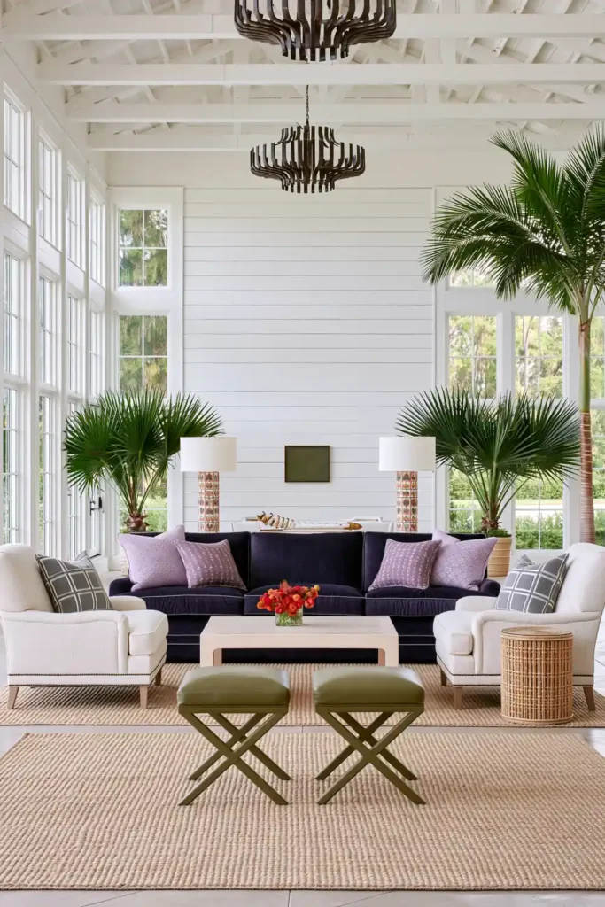 Open lounge divided with a navy sofa, pale armchairs, olive-green stools, a beige rug, tall lamps, and sculptural chandeliers.