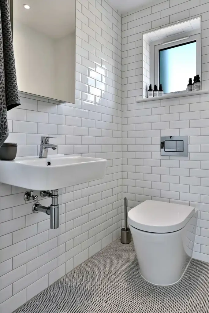 Compact bathroom with a wall-mounted basin, wall-hung toilet, exposed floor and white subway tiles.