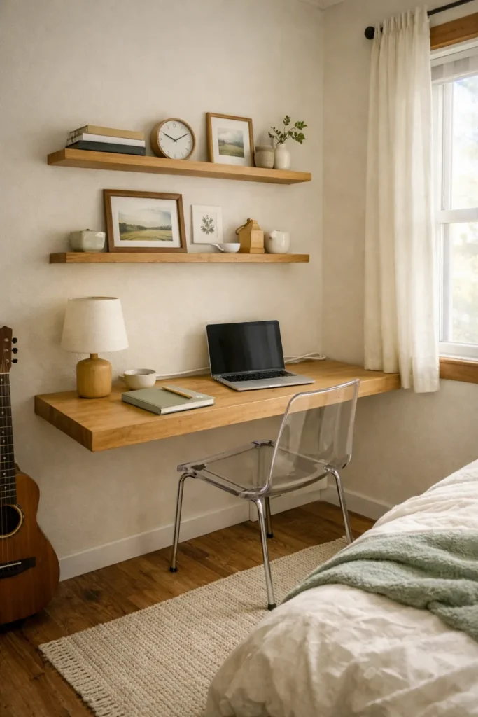 6 Small Bedroom Decorating Ideas to Utilize Space 3 Small bedroom workspace with a floating wood desk, clear acrylic chair, slim wall shelves, and warm neutral decor.