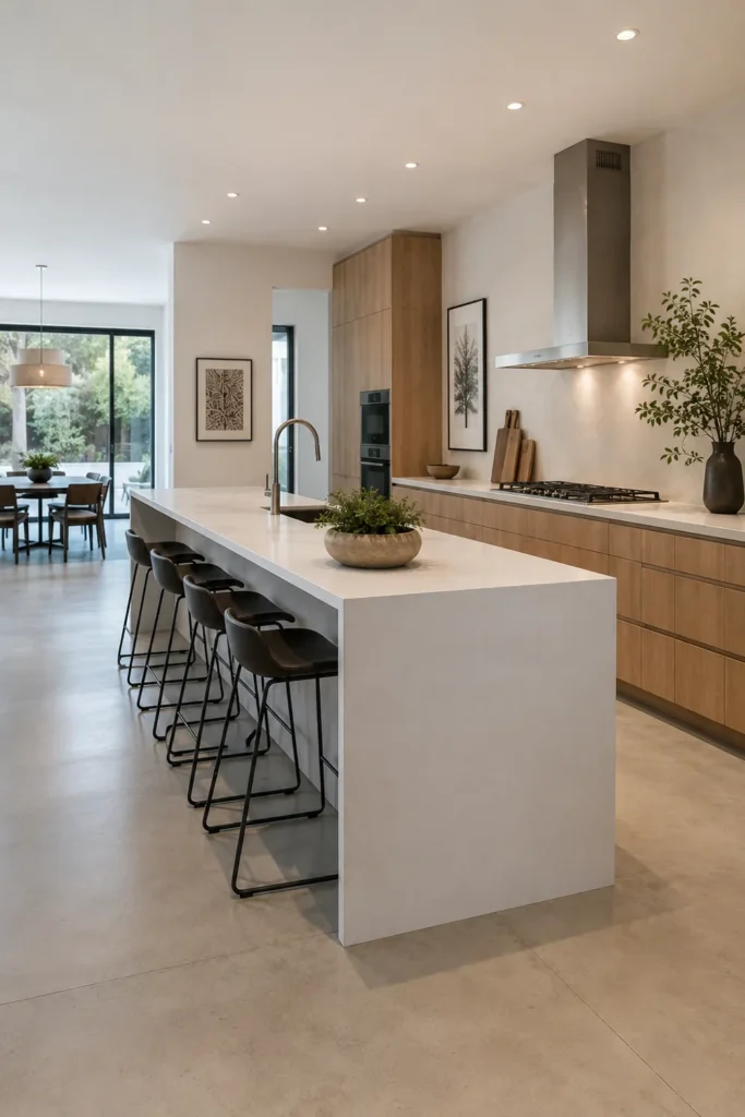 18 Kitchen Island Decor Ideas for Every Layout 18 Long white minimalist kitchen island with a waterfall edge, four dark stools, natural wood cabinetry, and broad glass doors.