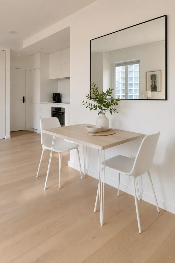 Small Dining Room Ideas for Apartments That Make Every Corner Count 16 Small apartment dining area with a floating-leg table, white chairs, large wall mirror, pale wood flooring, and bright neutral decor.