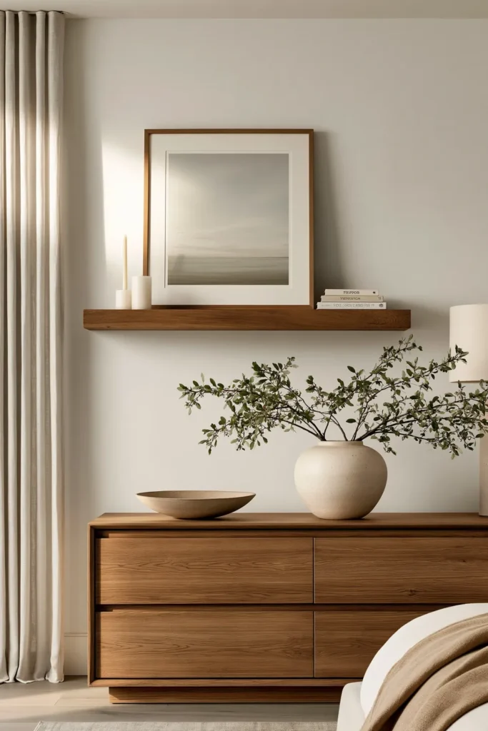 30 Master Bedroom Wall Decor Ideas for a More Personal Space 16 Slim wooden floating shelf styled with a landscape print, candle, and books above a bedroom dresser.