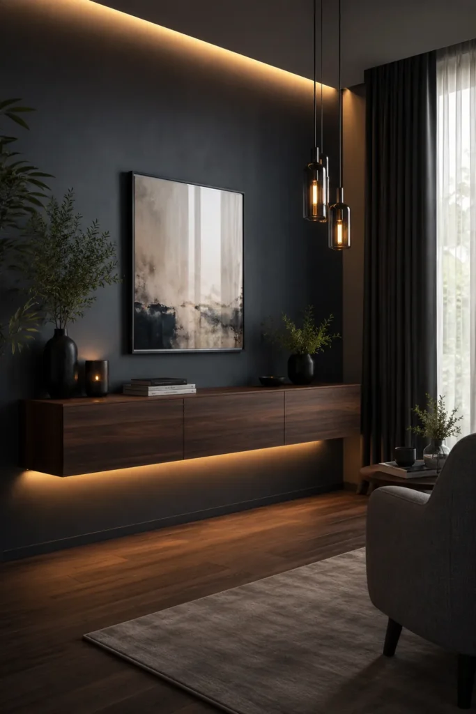 23 Living Room Wall Decor Ideas Above the Couch for a Stylish Sofa Wall 13 Floating walnut media console on a dark blue-grey wall with warm LED lighting