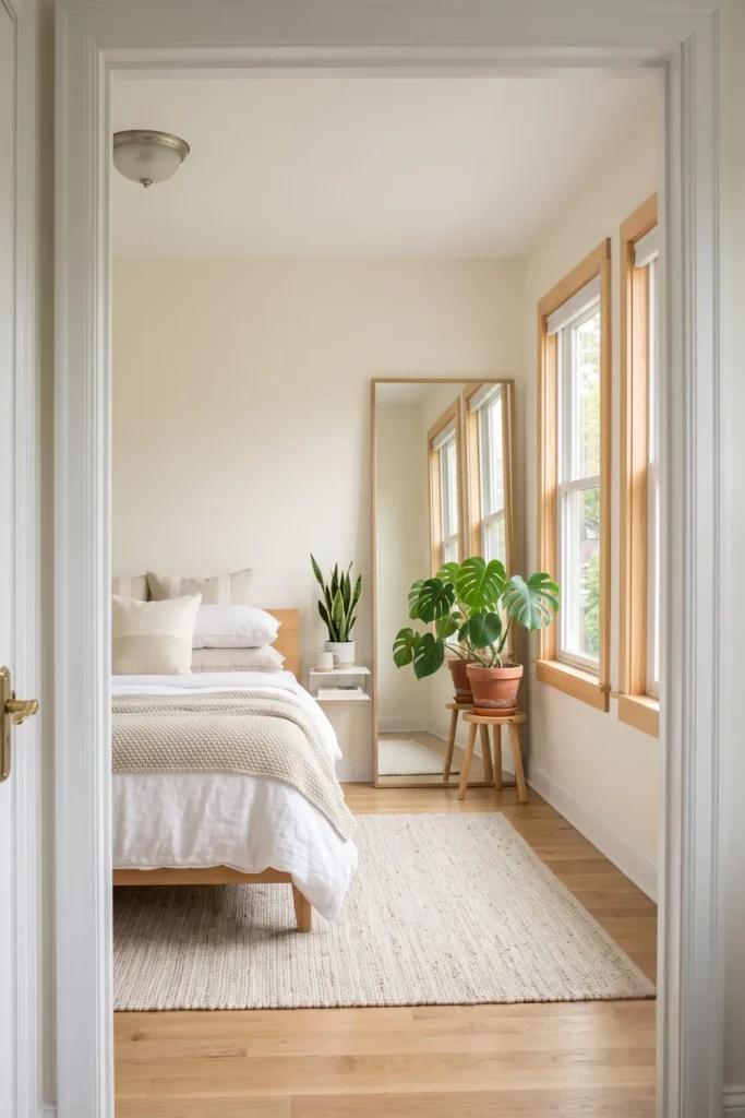 6 Small Bedroom Decorating Ideas to Utilize Space 5 Bright small bedroom with a tall floor mirror, neutral bedding, wood-trimmed windows, and a large monstera plant.