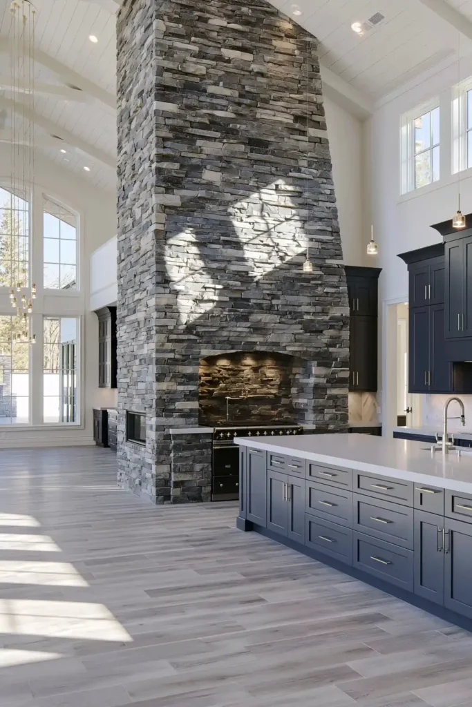 Floor-to-ceiling charcoal stacked-stone backsplash behind a black range in a rustic modern kitchen.