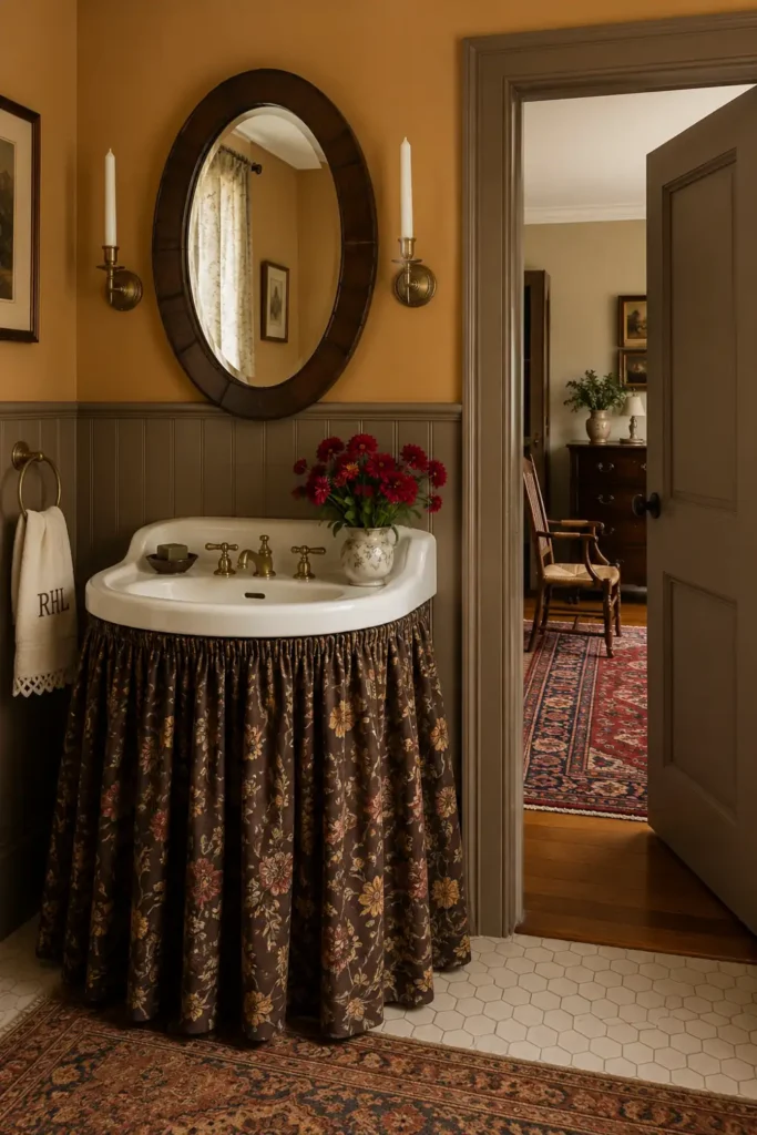 30 Modern Farmhouse Bathroom Decor Ideas for a Warm, Updated Space 14 Vintage farmhouse bathroom with a floral skirted sink, oval dark wood mirror, warm ochre walls, and paneled wainscoting.