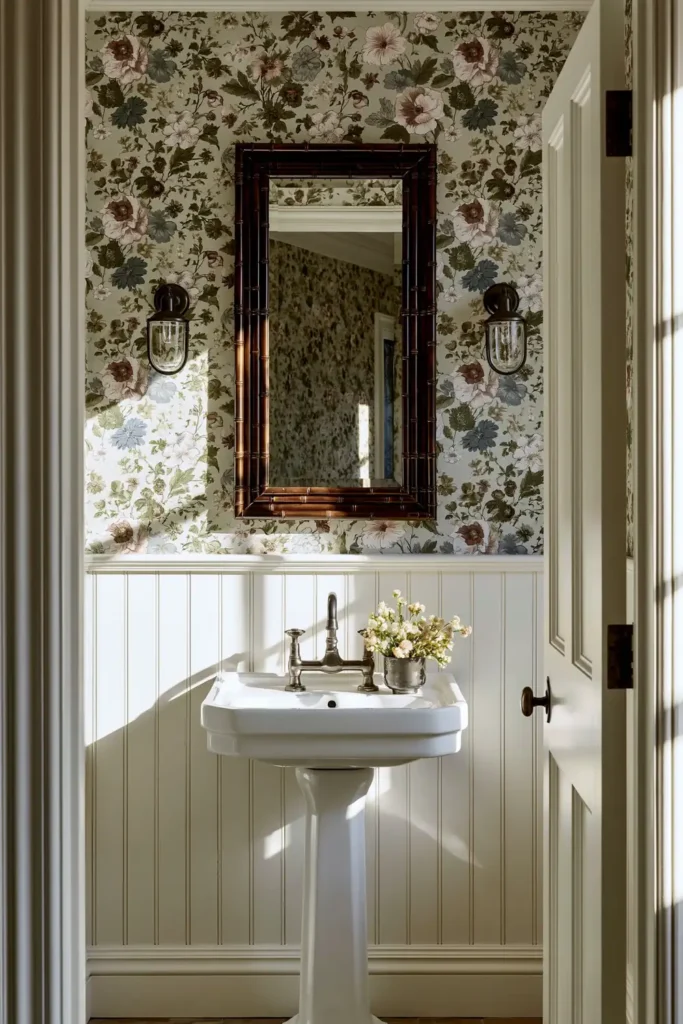 30 Modern Farmhouse Bathroom Decor Ideas for a Warm, Updated Space 26 Farmhouse powder room with floral wallpaper, white wainscoting, a pedestal sink, and a bamboo-style dark wood mirror.