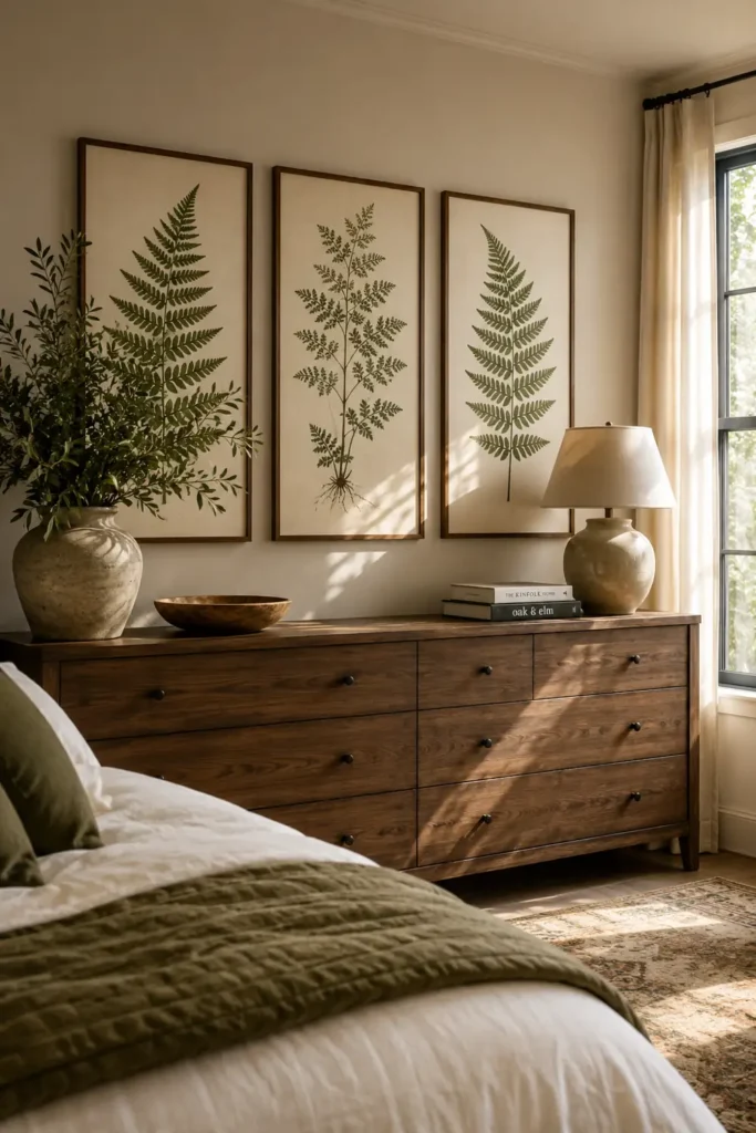 30 Master Bedroom Wall Decor Ideas for a More Personal Space 8 Three framed green fern prints above a wooden dresser in a warm natural master bedroom.