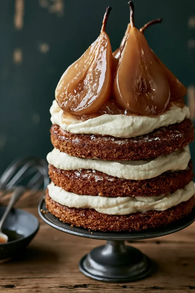 How to Style a Dining Table When Not in Use: 6 Decorative Ideas 5 Three-layer golden sponge cake with white cream and glossy pears on a dark pedestal stand against a deep teal background.