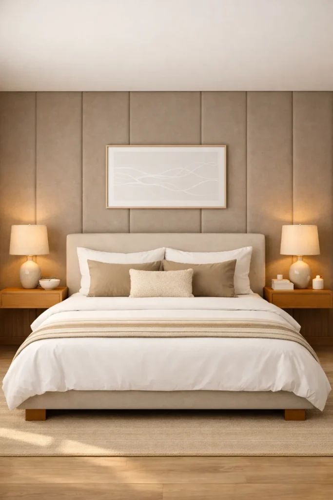 30 Master Bedroom Wall Decor Ideas for a More Personal Space 23 Full-width taupe upholstered headboard wall with vertical padded panels, neutral bedding, and matching bedside lamps.