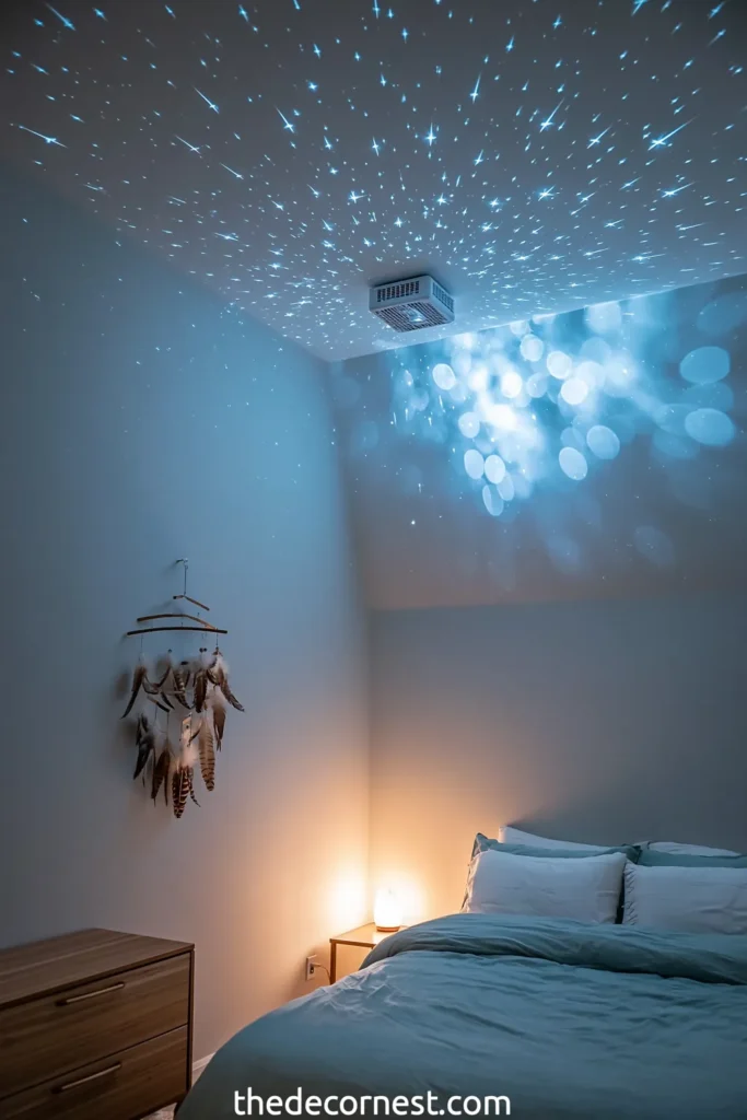 24 Bedroom Lighting Ideas for a Comfortable and Stylish Space 4 Bedroom skylight projector casting blue stars and a pink-purple galaxy across a sloped ceiling.