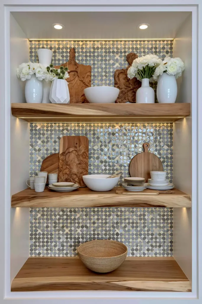 Gray-and-white geometric backsplash behind natural-wood open shelves filled with white ceramics and serving pieces.