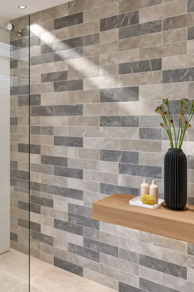 Clear glass shower screen beside a grey stone-tiled wall and light wood shelf with neatly arranged bathroom accessories.