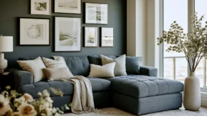 Grey sectional sofa with layered pillows and a gallery wall above the couch in a cozy living room