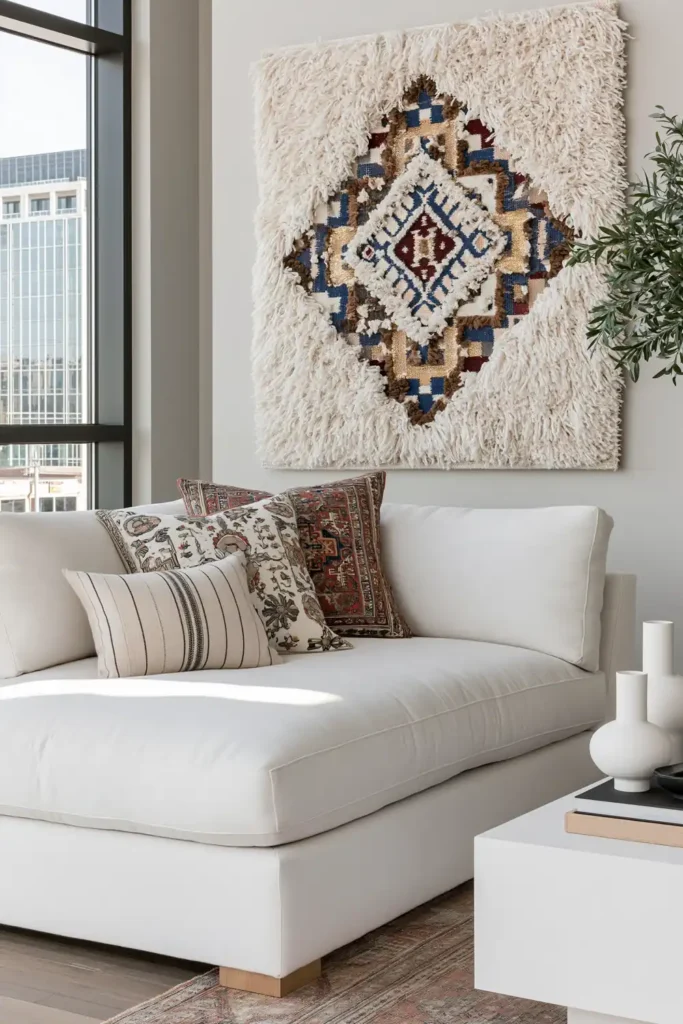 23 Living Room Wall Decor Ideas Above the Couch for a Stylish Sofa Wall 14 Cream sofa with a thick woven geometric textile wall hanging above it