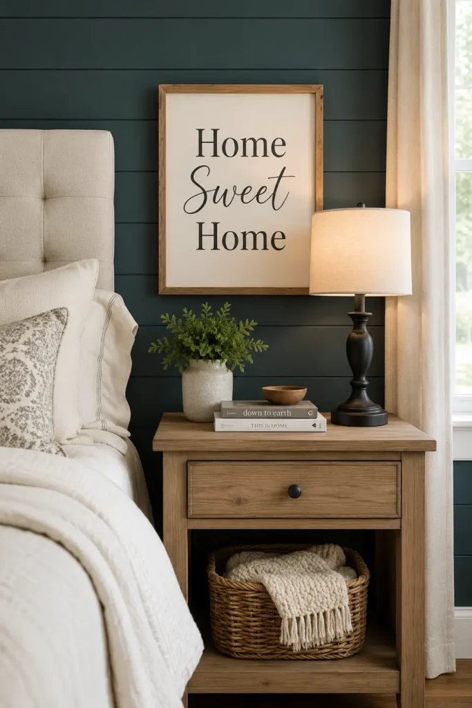Modern Farmhouse Bedroom Ideas for a Warm, Relaxed Retreat 7 Framed Home Sweet Home farmhouse bedroom art above a maple nightstand beside a cream tufted bed.
