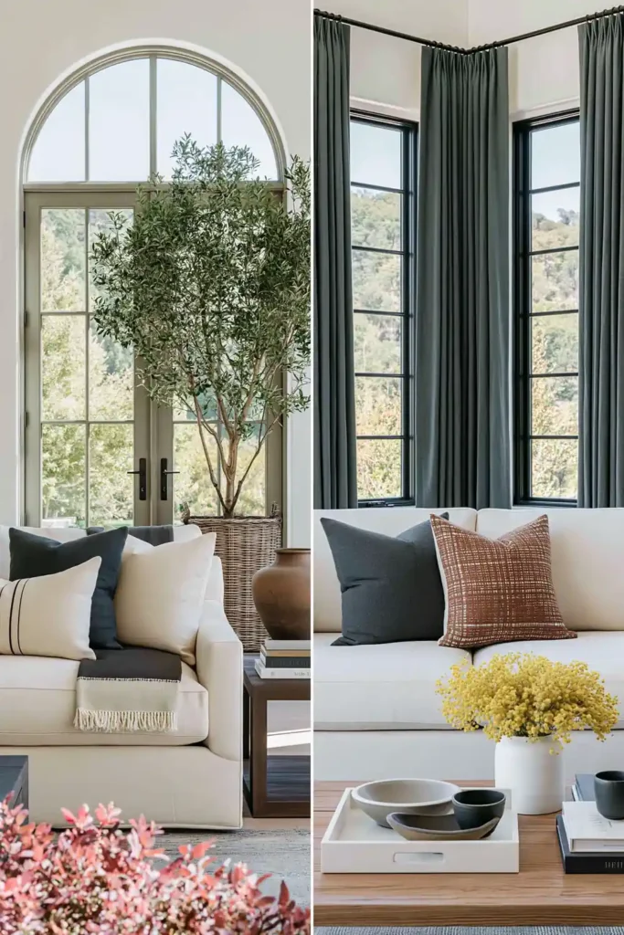 7 Modern Farmhouse Living Room Decor Ideas for a Warm, Relaxed Space 7 Modern farmhouse living rooms styled with a tall potted tree, woven basket planter, colorful foliage, and bright yellow flowers on a wooden coffee table.