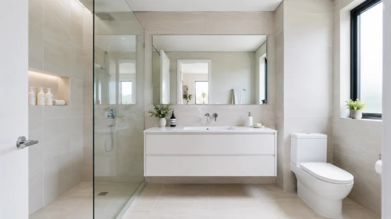 How to Make a Small Bathroom Look Bigger: 8 Practical Design Ideas 4 Bright small bathroom with light neutral tiles, a floating vanity, large mirror and clear glass shower screen.