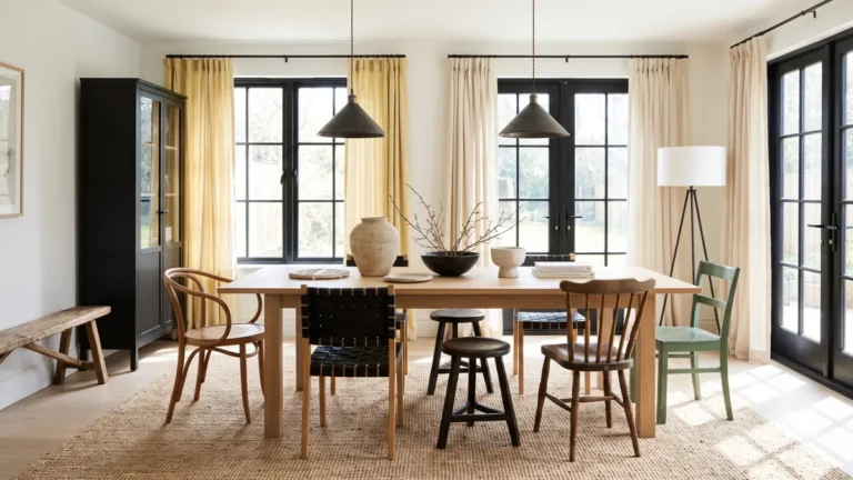How to Style a Dining Table When Not in Use: 6 Decorative Ideas 1 Bright dining room with a light-wood table, mismatched chairs, sculptural tabletop decor, black-framed windows, and natural daylight.