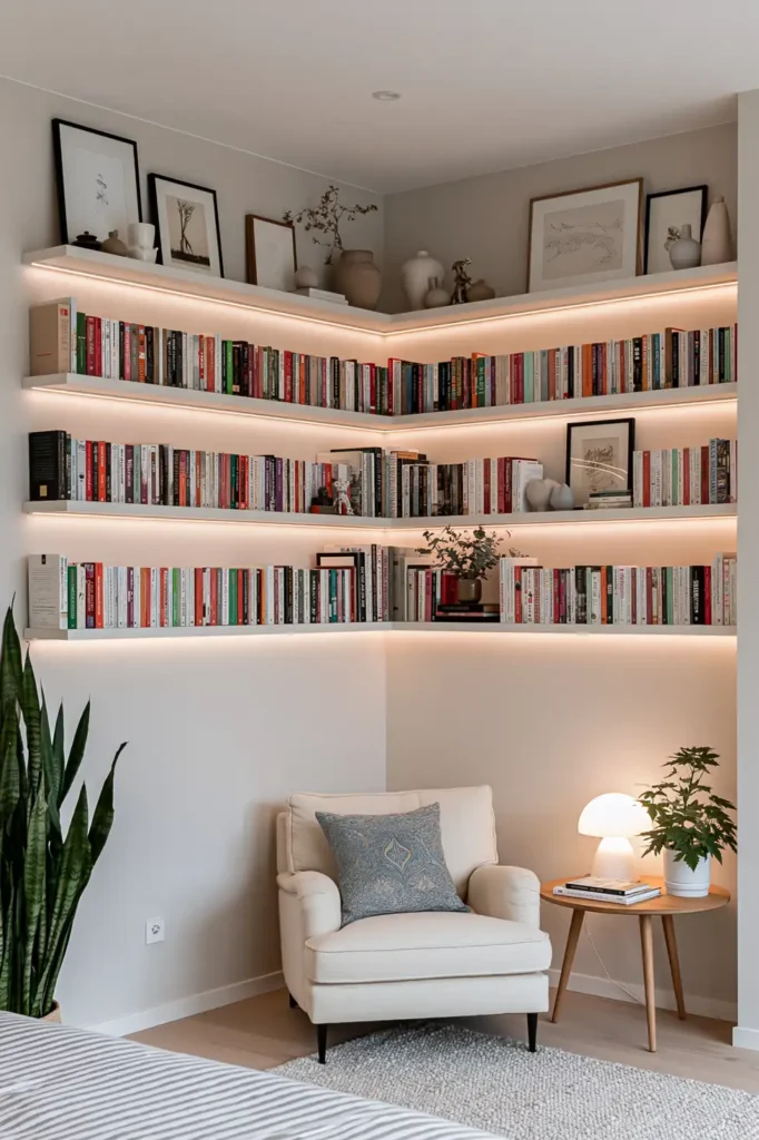 24 Bedroom Lighting Ideas for a Comfortable and Stylish Space 14 Bedroom reading corner with warm LED bookshelf lighting, colorful books, and a cream armchair.