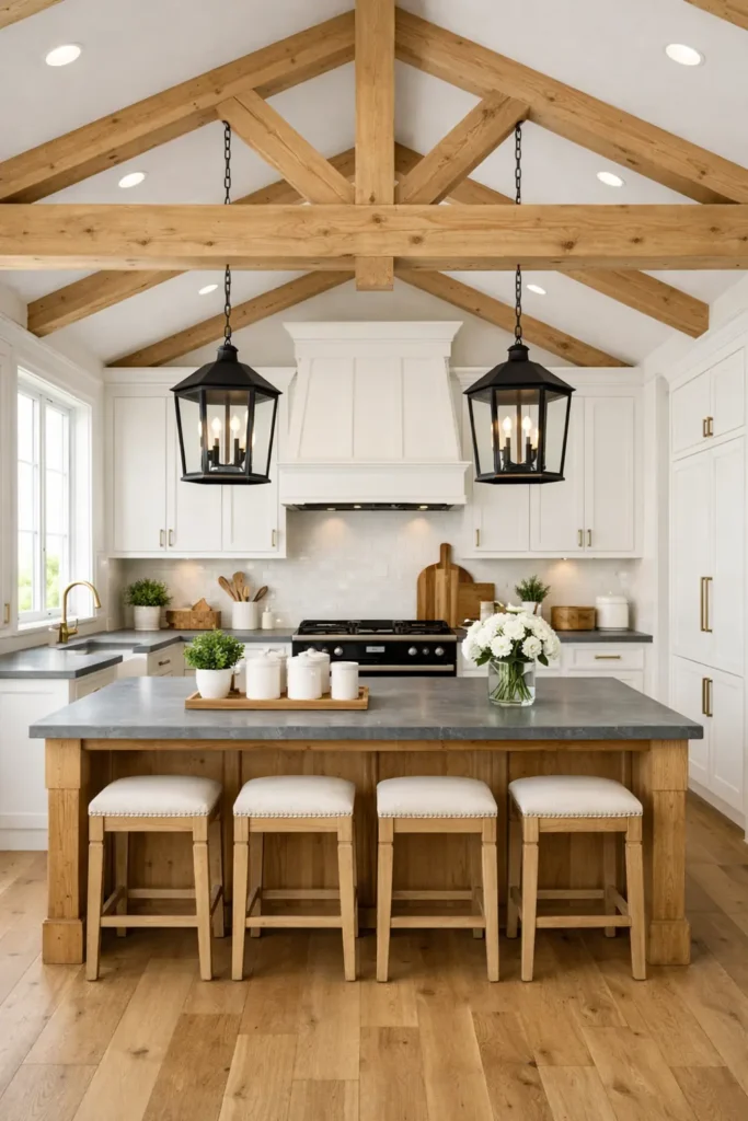 Modern Farmhouse Kitchen Decor Ideas for a Warm and Practical Home 4 Modern farmhouse kitchen with black lantern pendant lights over a natural wood island and exposed pale wood roof truss.