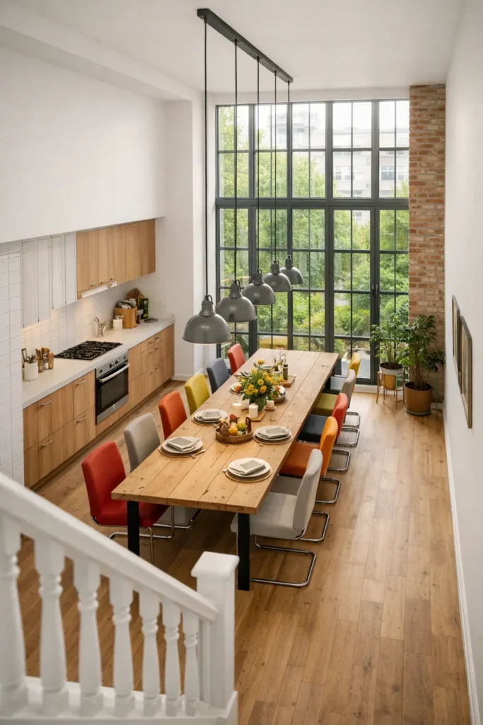 Dining Room Lighting Ideas to Create the Perfect Mood 6 High-ceiling dining room with grey industrial pendants above a rustic pale-wood table and colorful cantilever chairs.