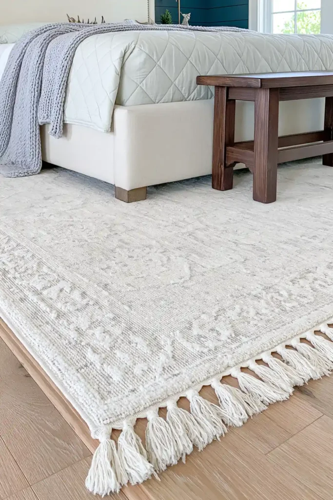 Modern Farmhouse Bedroom Ideas for a Warm, Relaxed Retreat 6 Ivory fringe rug beneath a cream modern farmhouse bed with neutral quilted bedding, a gray knit throw, and dark wood bench.