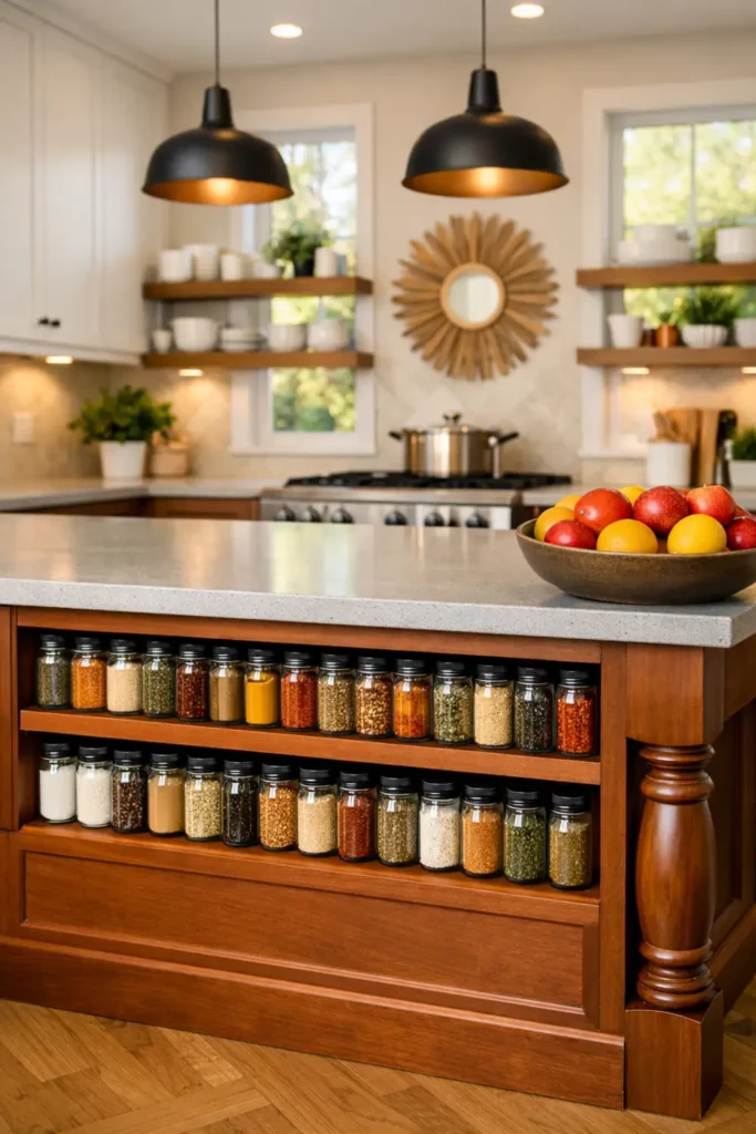 18 Kitchen Island Decor Ideas for Every Layout 17 Warm wood kitchen island with two built-in spice shelves, matching glass jars, a fruit bowl, white cabinets, and dark pendants.